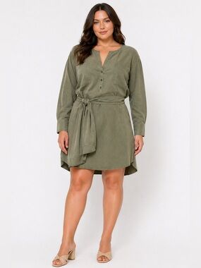 Kenneth Cole Toe Waist Vented Shirt Dress Olive Green XL